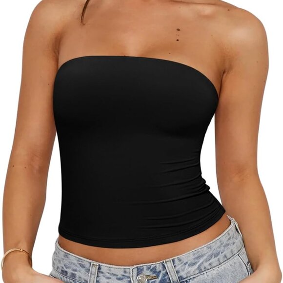 Elegant Strapless Black Crop Tank - Double-Lined & Perfect for Music Festivals - Picture 1 of 6